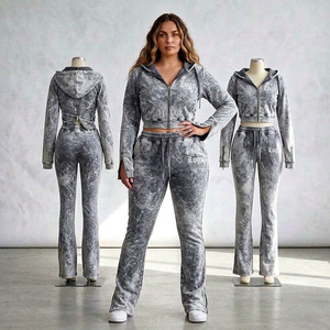 <b>Women</b> Vintage Acid Wash Sweatsuit Custom Printed Hoodie Cropped Zip Jacket Trendy Casual Urban <b>Outfit</b> - Product Image 1