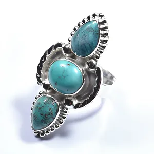 Bague statement en argent sterling 925, turquoise tibétaine effet toile d'araignée, trois pierres, faite à la main, style bohème, pour femmes - Product Image 4