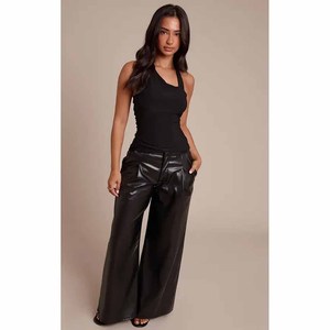 Twin City PU Leather Pants High Waist Skinny Fit Straight Leg Full Length With <b>Patch</b> Logo Casual Women's <b>Trousers</b> Autumn Style - Product Image 6