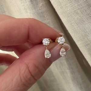 1 Carat Teardrop <b>Dangle</b> Drop Stud <b>Earrings</b> Round Pear Cut 14K Solid Gold Lab Grown <b>Diamond</b> Two Stone Linear Chandelier Wholesale - Product Image 5