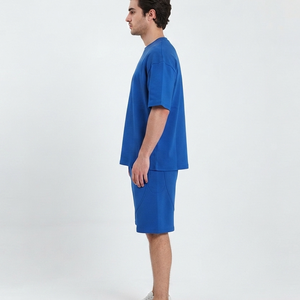 T-shirt Homme Oversize en Coton Bleu Uni à Manches Courtes Col Rond Coupe Décontractée Respirant Teint Uni Style Épaules Tombantes - Product Image 6