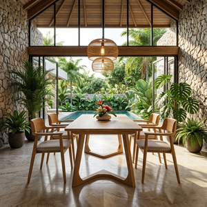 Ensemble de salle à manger scandinave moderne en teck 5 pièces avec chaises à dossier rembourré et table à pieds arqués pour la maison - Product Image 6