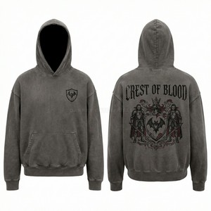 เสื้อฮู้ดดี้ผู้ชายแบบสั่งทำพิเศษ ผ้าหนา ล้างสีแบบแอซิดวอช สไตล์สตรีทแวร์ ลายกราฟิกตราสัญลักษณ์เลือด ทรงโอเวอร์ไซส์ ผ้าฟลีซ แต่งดีเทลขาดๆ - Product Image 1
