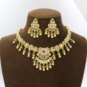 Traditional Antique Finish Gold Brass Artificial Floral Ethnic Necklace Set Matching Drop Earrings for Women Wedding Party - Product Image 4
