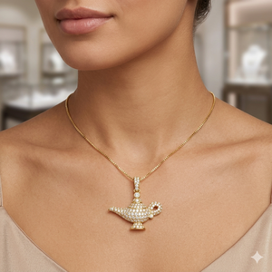 Trendy Vintage Charm 10K Gold Brilliant Cut Lab Grown Diamond Pendant Custom Iced Unique Magic Lamp Minimalist Fine Jewelry Gift - Product Image 1