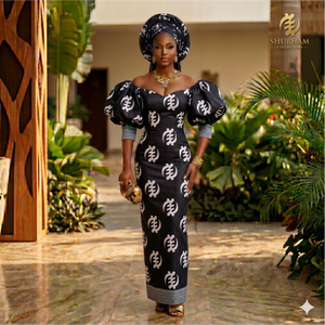 Robe longue en tissu wax africain marron et noir avec manches bouffantes et ensemble de foulard Gele assorti - Product Image 4
