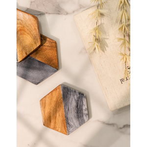 Posavasos Hexagonales de Madera con Incrustaciones de Mármol, Plato Decorativo con Grabado, Diseño Minimalista para Tazas de Té y Café, Aptos para Lavavajillas - Product Image 3