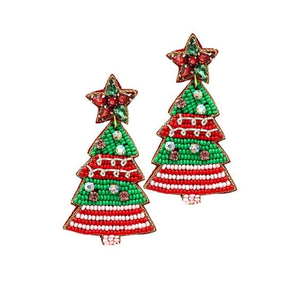 Boucles d'oreilles pendantes de luxe artisanales et écologiques, brodées de perles de rocaille, motif sapin de Noël, bijoux festifs pour fête ou cadeau - Product Image 2
