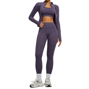 Ensemble de vêtements de sport pour femmes, veste à manches longues violette, soutien-gorge de sport, leggings taille haute sans couture, tenue de fitness - Product Image 1
