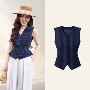 Chaleco de Traje Corto para Mujer, Moderno, Azul Marino, a Rayas, con Cuello en V y Peplum en la Espalda, Casual de Oficina, Poliéster y Spandex, Personalizado HIRA - Product Image 1
