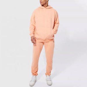 Men's <b>Peach</b> Color Hooded Tracksuit Set Full Length Solid Casual Style With Side Pockets Elastic Waist Autumn Wear - Product Image 1