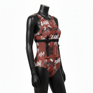 Maillot de bain une pièce pour femme en polyester et élasthanne de qualité supérieure, imprimé graphique marron, avec bretelles et logo personnalisé - Product Image 4