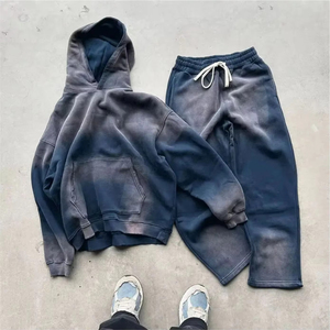 Conjunto de chándal de dos piezas con cremallera, bordado y lavado ácido personalizado, sudadera con capucha y pantalones de chándal de peso pesado, precio al por mayor - Product Image 4