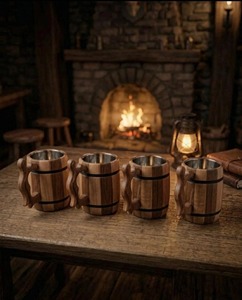 <b>Wooden</b> And Steel Beer Mug <b>Barrel</b> Shape Solid Color Vintage Style Reusable Party Drinkware - Product Image 2