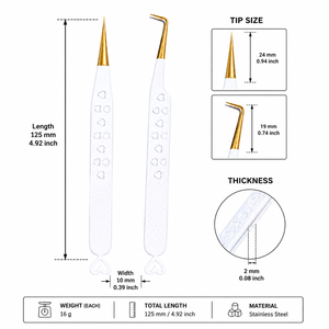 Pince à épiler de précision à pointe dorée, manche blanc, motif cœur, en acier inoxydable, pointe lisse pour l'application des cils - Product Image 5