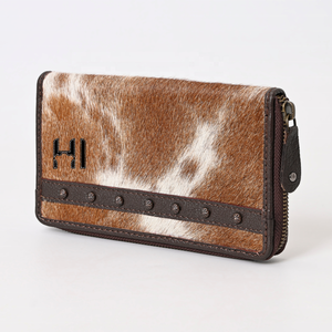 Cartera de cuero de vaca auténtica para mujer, múltiples ranuras con cierre de botón de tachuelas de diamantes de imitación, pelo Natural en el embrague - Product Image 2