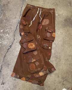 Pantalon cargo vintage patchwork multi-poches streetwear coupe ample coupe-vent Y2K Hip Hop décontracté marron utilitaire - Product Image 4
