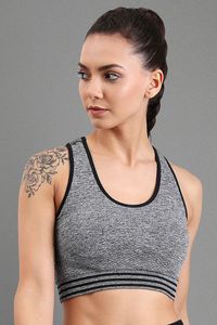 Soutien-gorge de sport gris marbré pour femme avec bordure noire et ourlet rayé, haut d'entraînement sans couture pour le yoga et la gym - Product Image 6