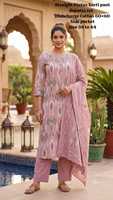 Ensemble Kurti, pantalon et dupatta en coton rose imprimé pour femmes, motif géométrique Ikat, manches trois quarts, tenue ethnique traditionnelle