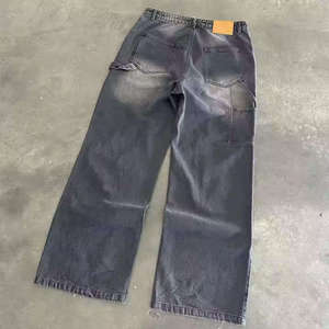 Vaqueros con pedrería, desgastados en el dobladillo, con doble rodilla, estilo carpenter, triple patchwork, corte holgado, lavado monkey, pierna ancha, de mezclilla para hombre - Product Image 3