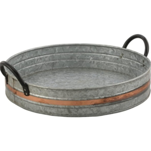 Plateau de service rond en métal galvanisé avec poignées en bois de manguier écologiques, fait main, style ferme, pour la vente en gros - Product Image 6