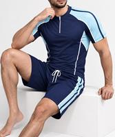 Ensemble de maillot de bain anti-UV à séchage rapide et écologique pour homme, bleu marine, manches longues, blocs de couleur, rayures bleu clair, cordon de serrage