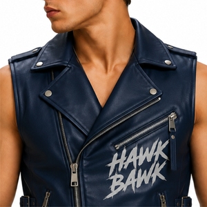 Veste en cuir sans manches pour homme, style motard, vêtement d'extérieur personnalisé, fermeture éclair sur le devant, plusieurs poches, col rabattu - Product Image 4