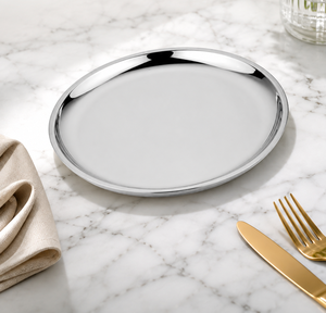Plato Redondo de Acero Inoxidable Pulido, Vajilla de Metal Plateado, Vajilla Moderna de Lujo para Mesa - Product Image 1