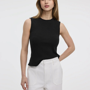 <b>Women's</b> <b>Black</b> Sleeveless Knitted <b>Top</b> Crew Neck Slim Fit Solid Color Minimalist Spring Summer Breathable Cotton Spandex - Product Image 1