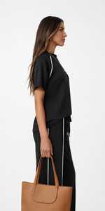 <b>Women's</b> Black Short Sleeve <b>Tracksuit</b> Set With <b>White</b> Striped Crew Neck Top And Drawstring Wide Leg Pants - Product Image 2