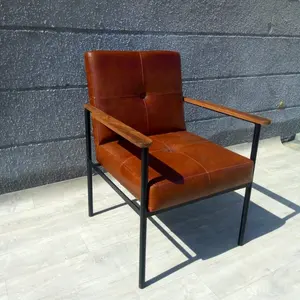 Vintage Iron & Leather Office Chair with Wooden Arm Rest