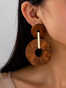 Boucles d'oreilles en bois au design antique, creuses, avec crochet, pour femme – Qualité admirable au meilleur prix - Product Image 3