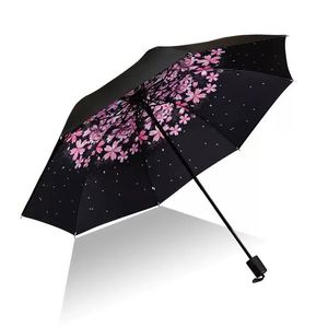 Paraguas de Viaje con Diseño de Flores de Cerezo Oriental, Protección UV, Control Manual y Automático, Plegable en Tres Secciones, Material Pongee, para Mujer - Product Image 3
