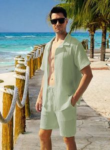 Ensemble 2 pièces personnalisé pour homme : chemise boutonnée en maille gaufrée et short, tenue d'été décontractée en tissu avec poches - Product Image 3
