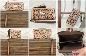 New Arrival 2026 Hand <b>Tooled</b> Floral <b>Leather</b> Zipper Wallet Genuine <b>Leather</b> Card Design RFID Card Holder Wristlet Clutch for Women - Product Image 3