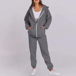 Ensemble de survêtement gris en coton pour femme, pantalon de survêtement long et sweat à capuche zippé, coupe décontractée, couleur unie, automne - Product Image 3