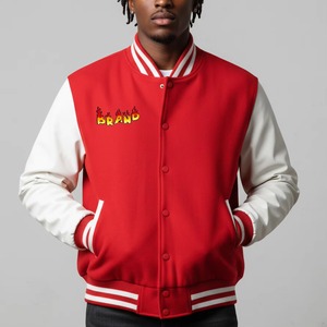 <b>Men's</b> Red <b>White</b> Varsity <b>Jacket</b> Casual Turn-down Collar Single Breasted Polyester Cotton Solid Color Autumn Wear - Product Image 1