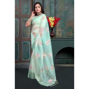 Sari de Silueta Recta con Bordado de Hilo Multicolor, Estampado Floral en Organza, para Fiestas - Product Image 5