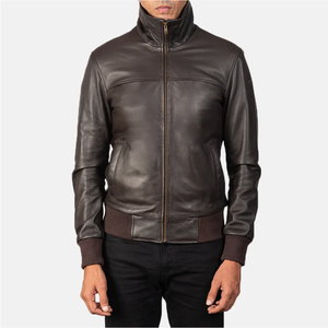 Chaqueta Bomber de Cuero Genuino para Hombre, con Capucha, Cuello Alto, Cierre de Cremallera, Corte Ajustado, para Primavera, Color Negro Sólido, Largo Regular - Product Image 5