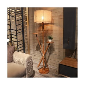 Rustic Wooden Floor <b>Lamp</b> With Round Shade And Side Shelves For Indoor Lighting - Product Image 4