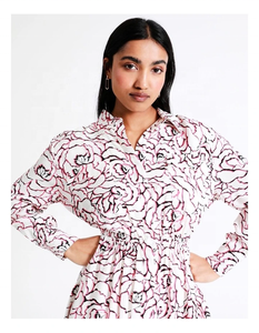 เดรสมินิความยาวคลุมเข่าของผู้หญิงแบบพรีเมียม100% ผ้าฝ้ายพิมพ์ลายกุหลาบคอเสื้อเอวยางยืดคอปกแขนยาว - Product Image 4