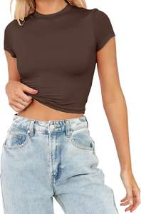 Camiseta corta ajustada para mujer, manga corta, cuello redondo, tela transpirable de secado rápido, moderna, informal y a la moda. - Product Image 3