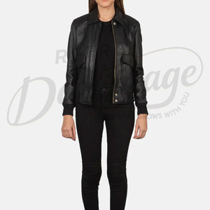 Women Black Real Leather <b>Jacket</b> Shirt Collar Slim Fit Premium Sheepskin Casual Winter <b>Bomber</b> Style Outerwear Zip Up Coat - Product Image 4