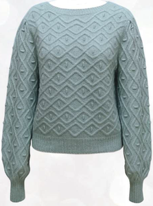 Pull en tricot géométrique bleu clair pour femmes, col rond, manches longues, pull d'hiver décontracté, tricoté à la main, coupe régulière - Product Image 3