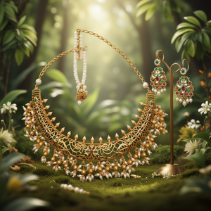 Ensemble collier et boucles d'oreilles de mariée en imitation perle plaqué or fin et pierre Pota mate - Product Image 3