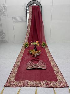 Wine <b>Red</b> Organza <b>Saree</b> Heavy Cutwork Embroidered Border Indian Ethnic Party Wear Sarees Bulk Supply - Product Image 6