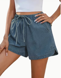 Shorts en jean décontractés pour femme, taille élastique avec cordon de serrage, coupe ample, taille mi-haute, pour l'été - Product Image 3
