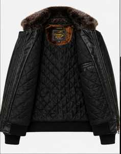 Blouson en cuir pour homme avec col en fausse fourrure et fermeture éclair - Product Image 3