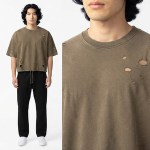 Camiseta Corta Oversize para Hombre, Estilo Desgastado, Color Sólido, Cuello Redondo, Manga Corta, Estilo Urbano, 100% Algodón Jersey, Aspecto Lavado - Product Image 1