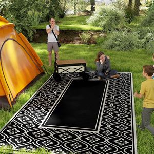 Tapis d'extérieur réversible 9FT X 18FT en paille plastique imperméable avec sac de transport, bordure gourde noir et blanc - Product Image 2